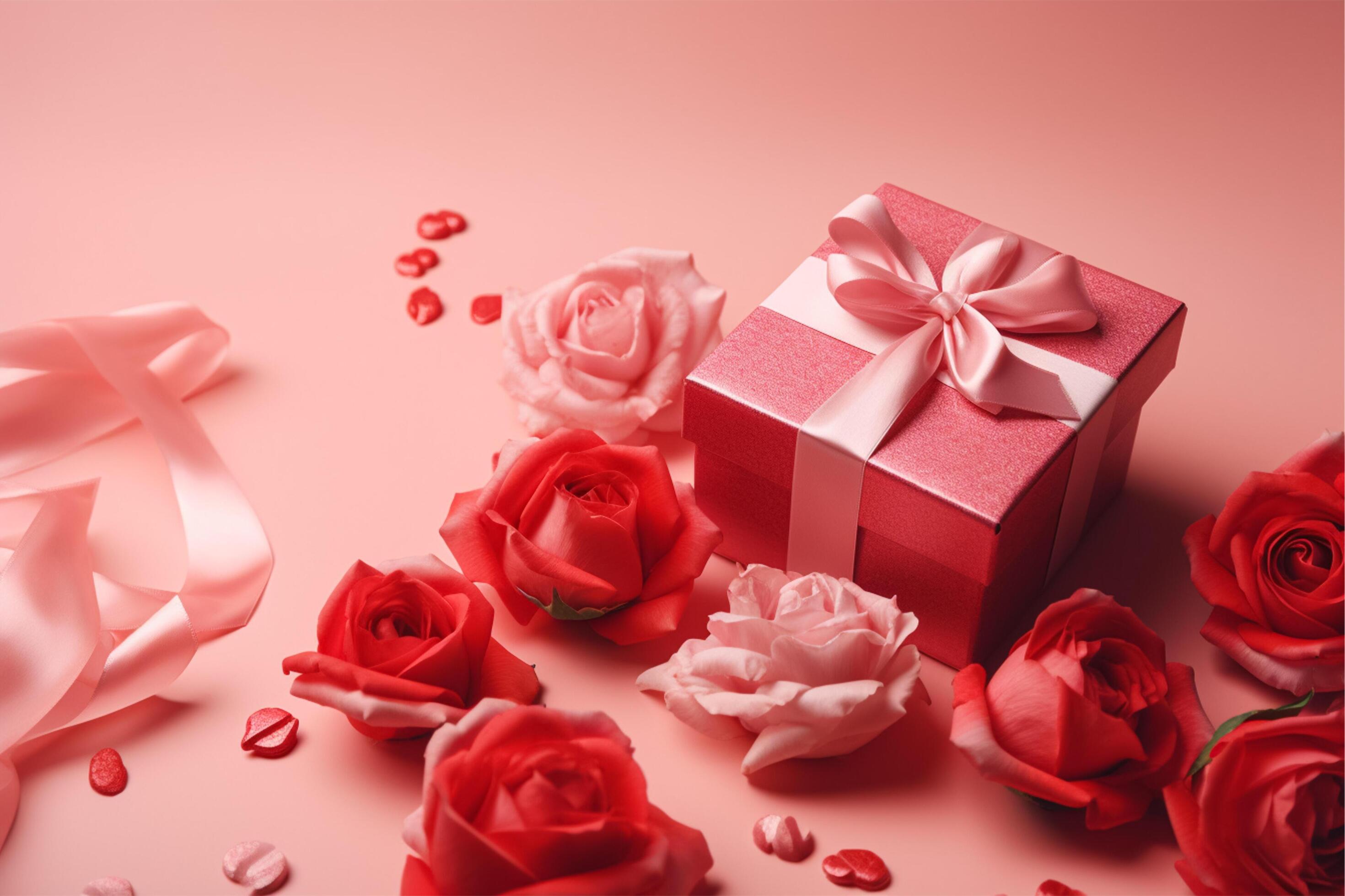 Pink gift box tide with red ribbons and rose flowers on pink background