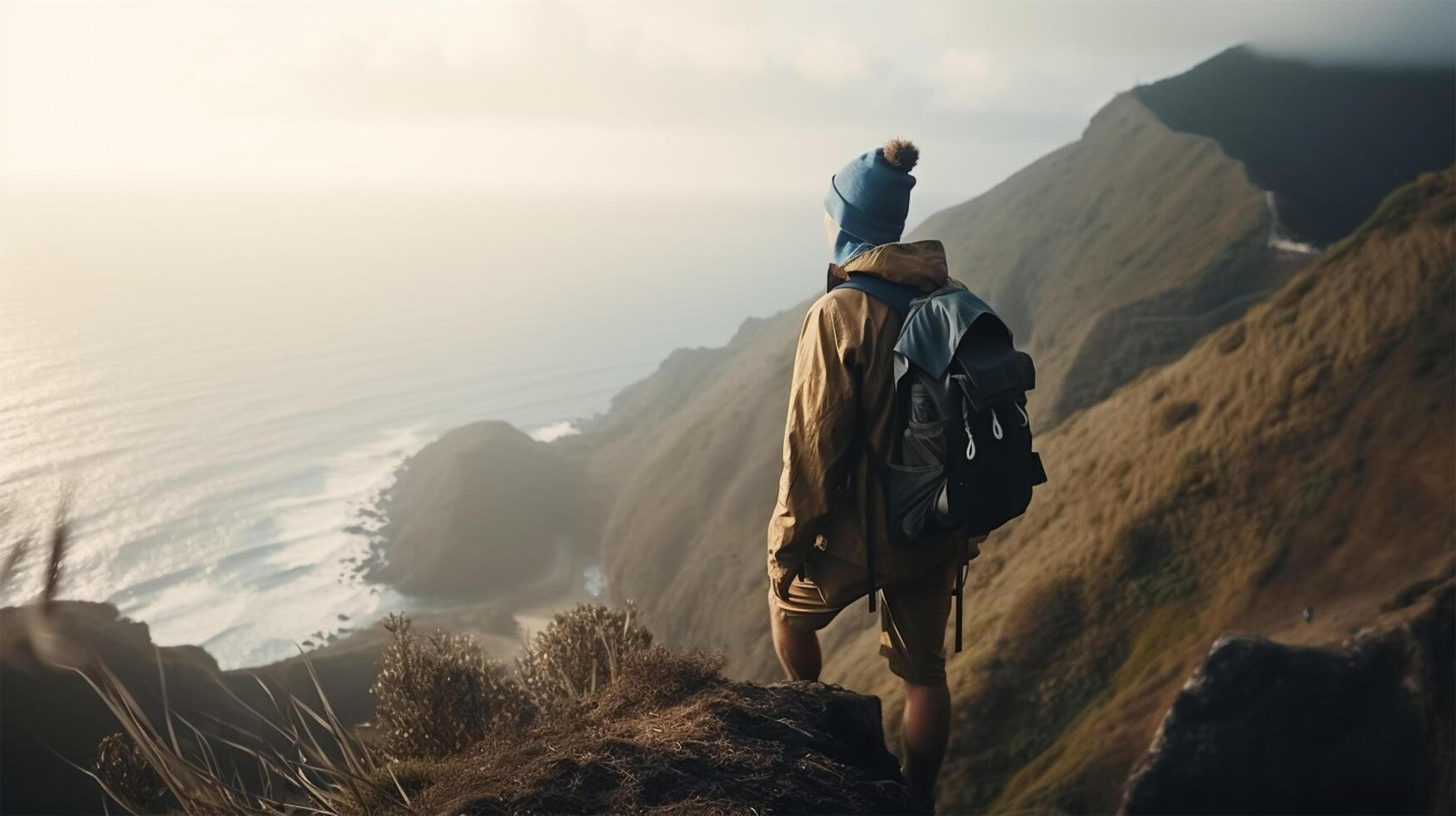 un hombre mira fuera terminado un montaña y el océano. aventuras viaje, verano vacaciones.generativas ai foto