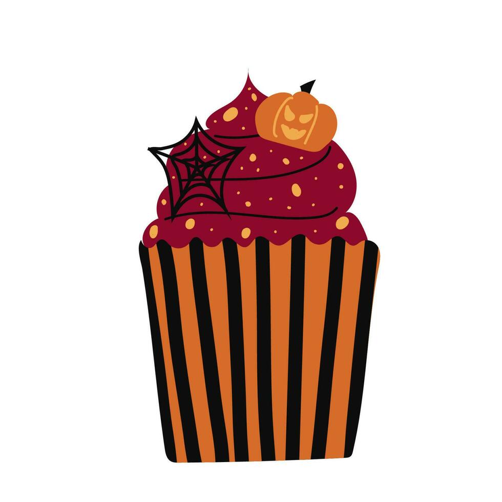 Fancy chocolate Halloween cupcake decorated with pumpkin and cobwebs isolated on a white background. Flat style. Vector illustration.