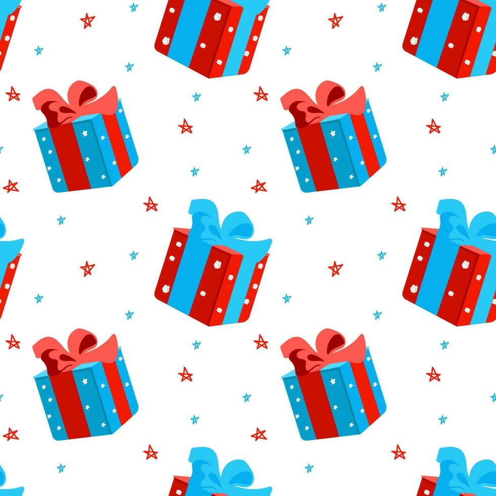 Christmas seamless pattern with New Year s gifts on a white background. Christmas and Happy New Year background. Vector design template. Season greeting.