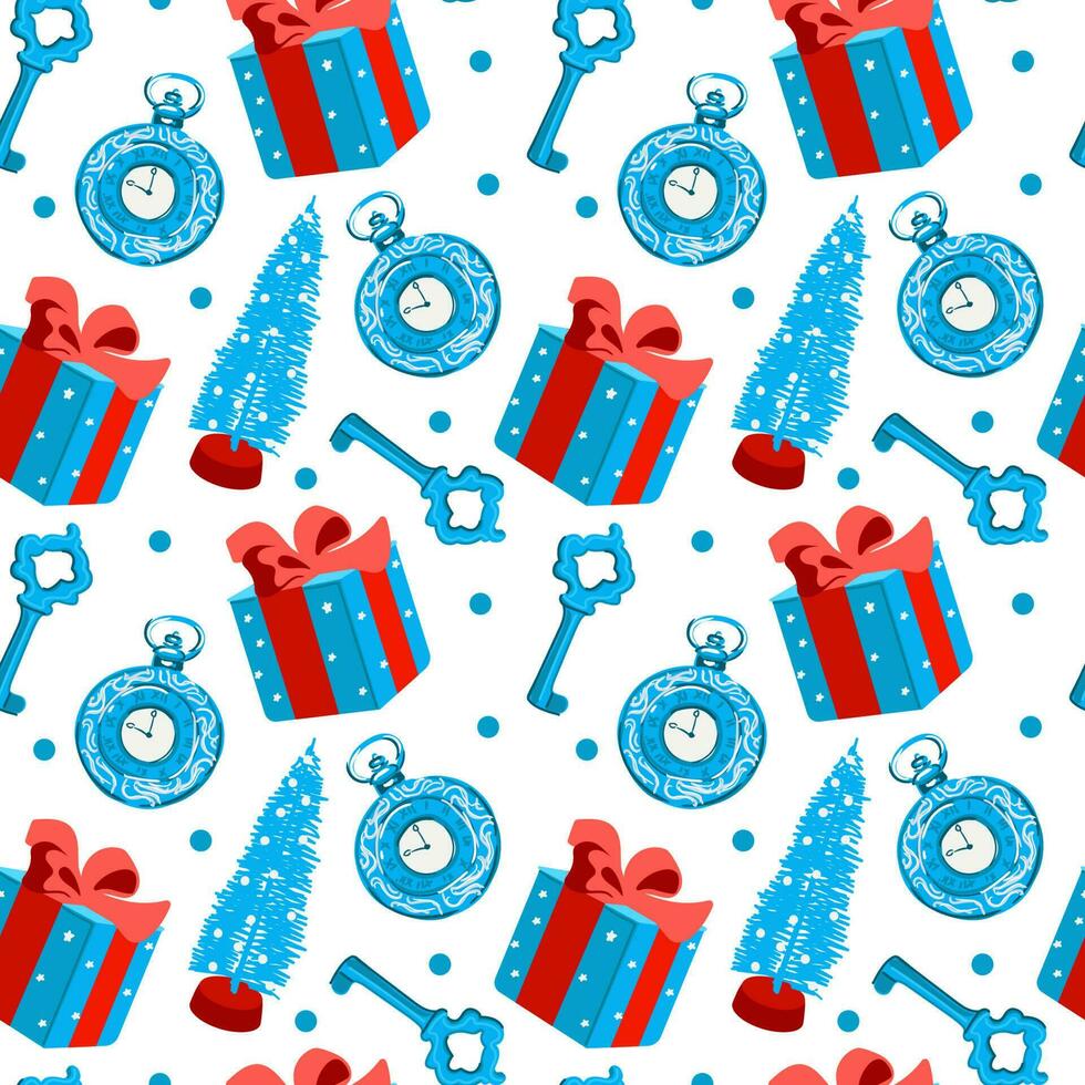 Christmas seamless background. Gifts, Christmas tree and decorative elements. Nice illustration for wrapping paper, decoration, textile. Vector