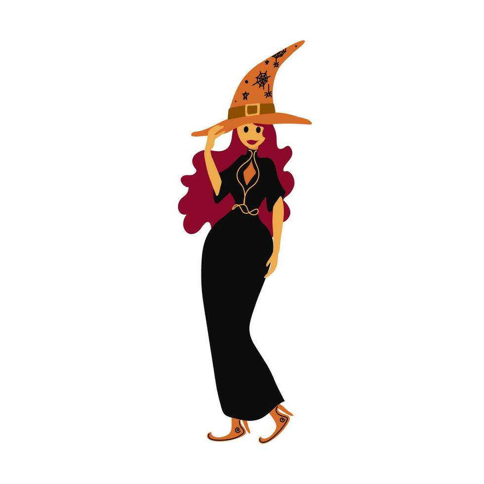 Cute witch with a broom in her hands. Vector illustration. Decorative element for Halloween