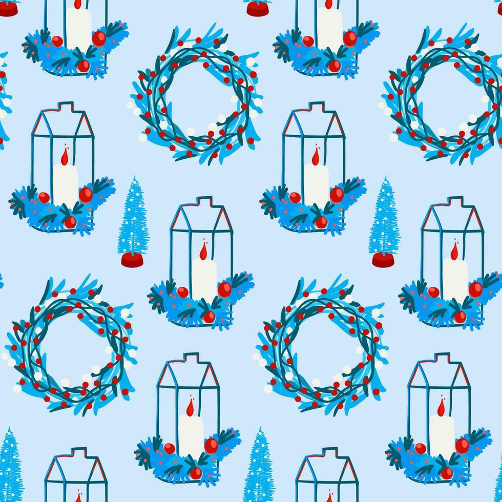 Christmas and winter holidays seamless pattern with candle, wreath and ect. Nice illustration for wrapping paper, decoration, textile vector