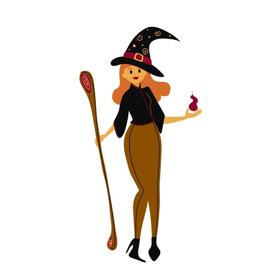 Cute witch with a broom in her hands. Vector illustration. Decorative element for Halloween