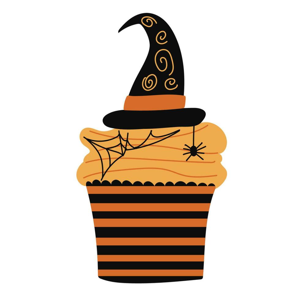 Fancy chocolate Halloween cupcake decorated with pumpkin and cobwebs isolated on a white background. Flat style. Vector illustration.