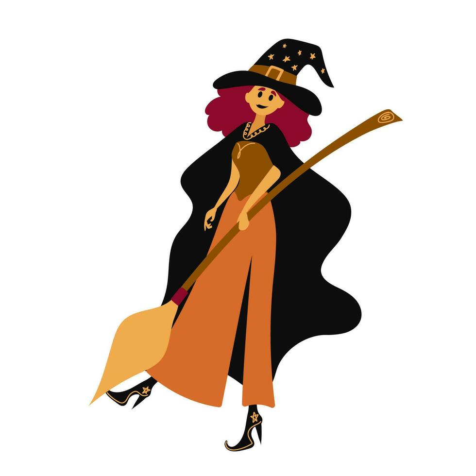 Cute witch with a broom in her hands. Vector illustration. Decorative element for Halloween