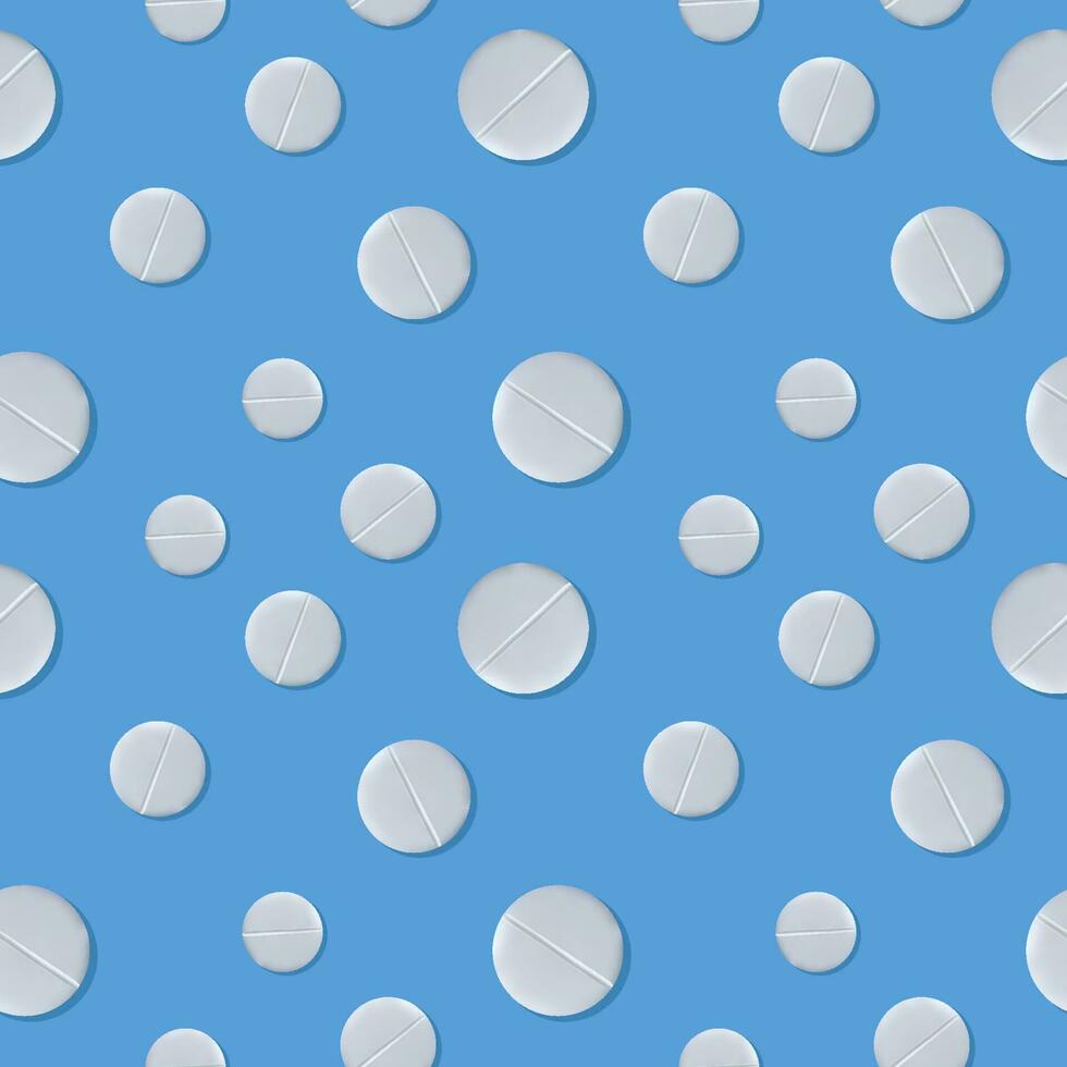 White pills on a blue background. Seamless pattern. The concept of treatment and recovery. A health design element for apps, websites and social networks. Vector illustration