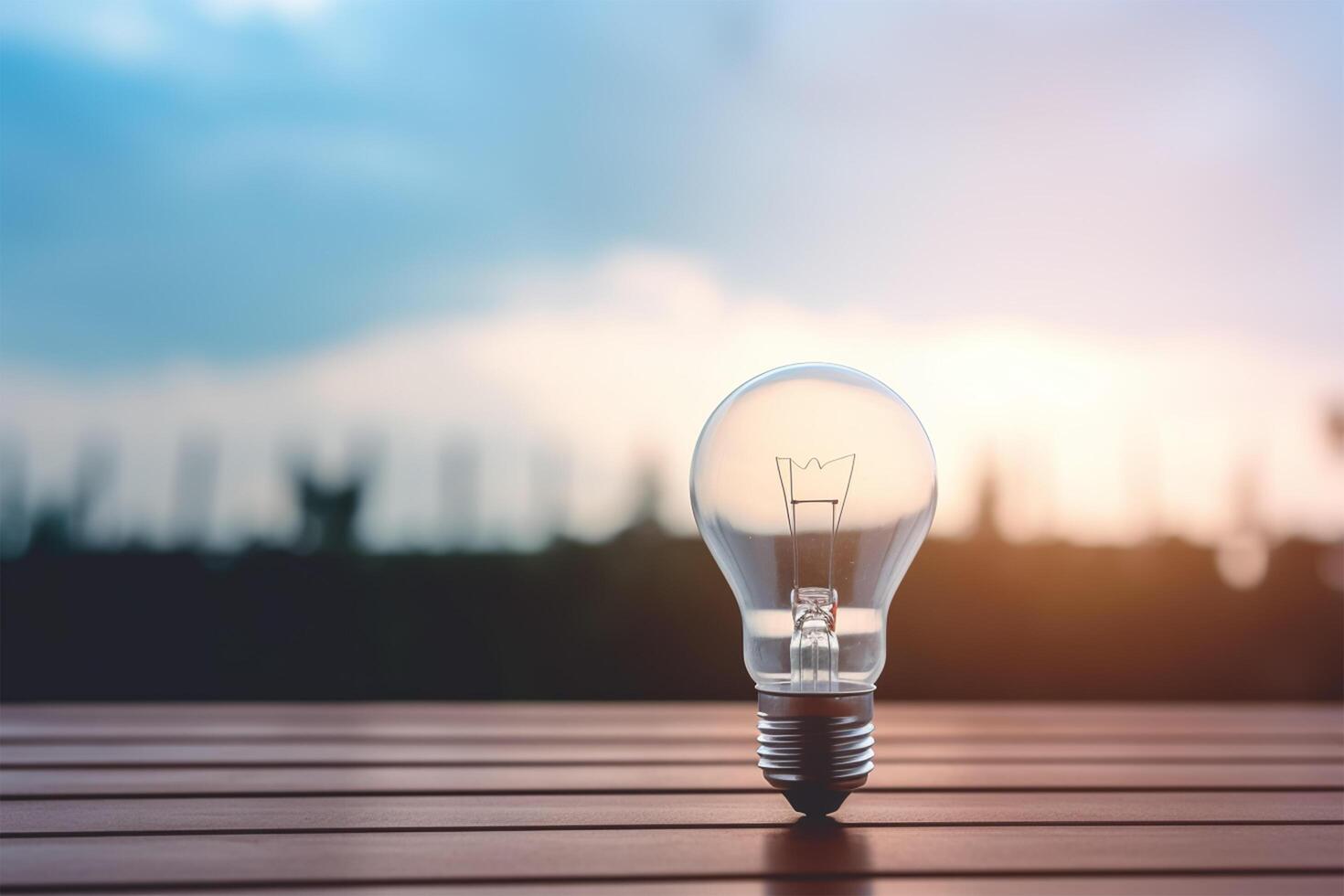 light bulb on wooden table. Soft blurred cloudy blue sky with soft morning light in background. International Day of Light. photo