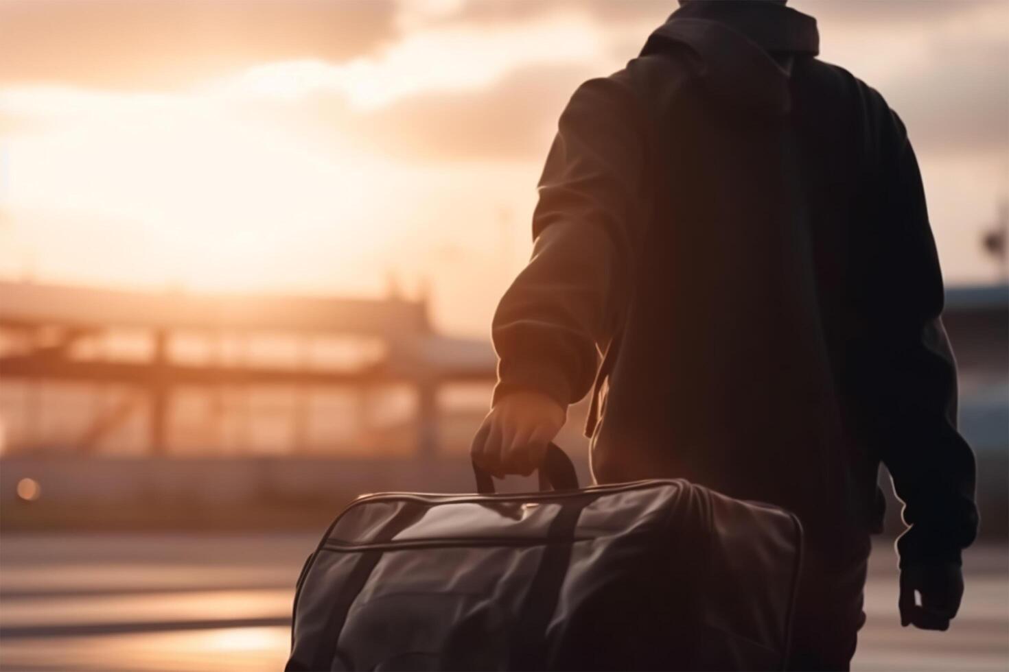 A man with a backpack walks down a train platform with a backpack. photo