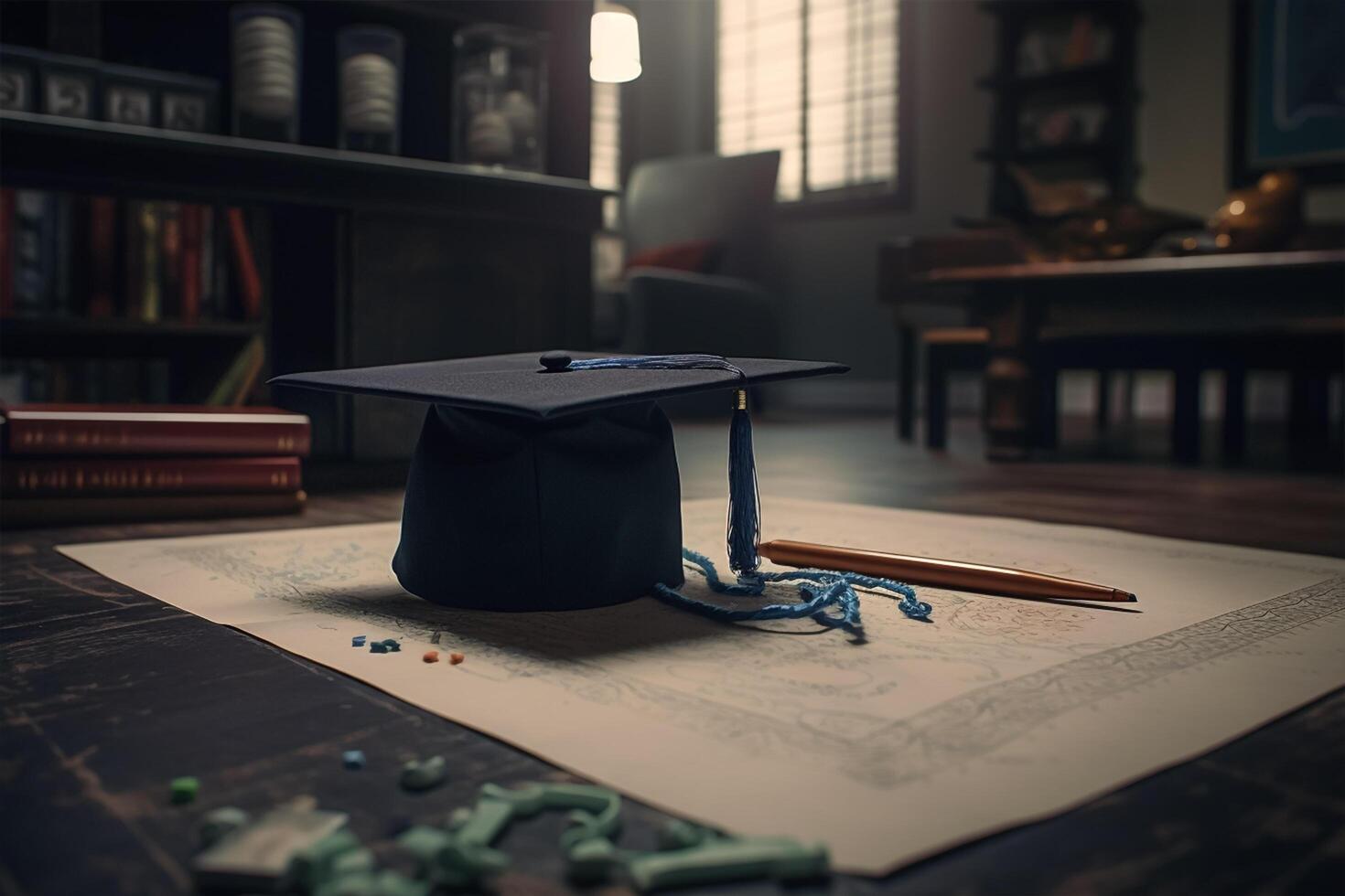 A black graduation cap sits on top of a book on a wooden table. photo