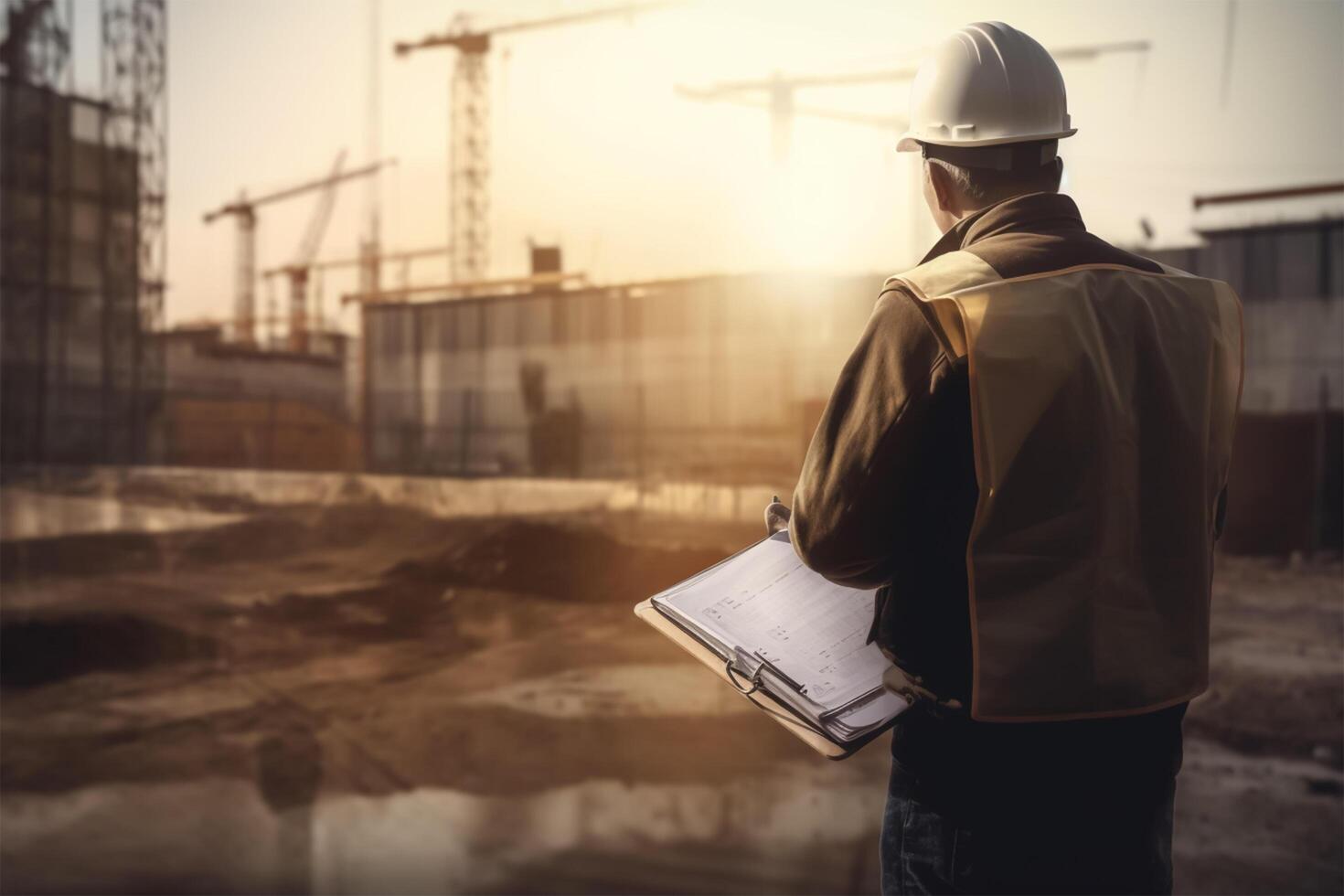 labor día. un construcción trabajador mirando a un plan en un construcción sitio. generativo ai foto