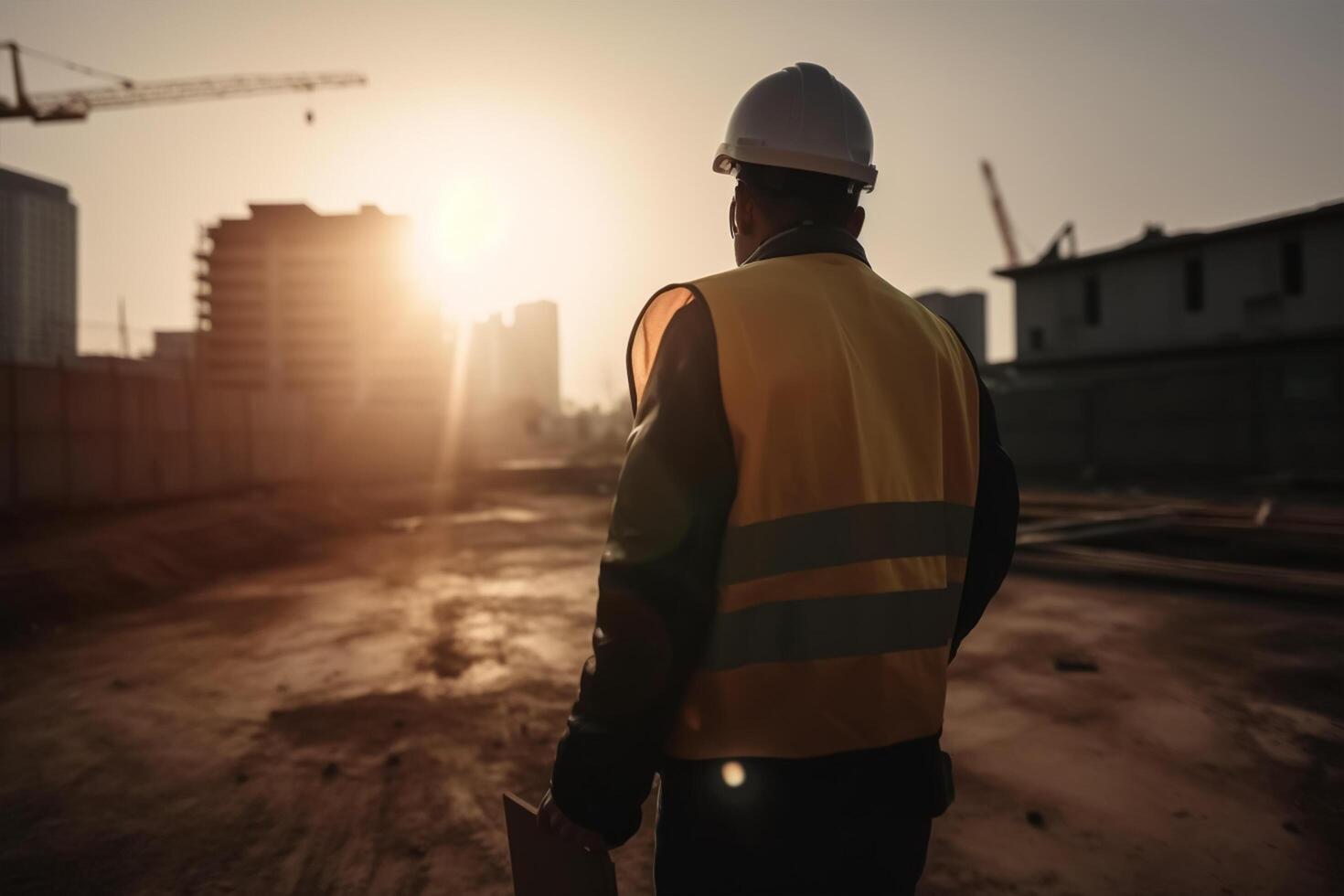 labor día. un construcción trabajador mirando a un plan en un construcción sitio. generativo ai foto