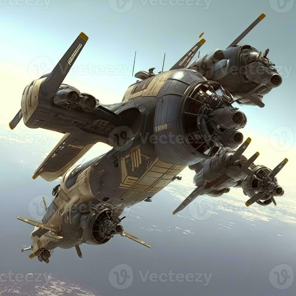 Futuristic military aircraft design, war military air craft, sci-fi flying sleek design. AI. photo