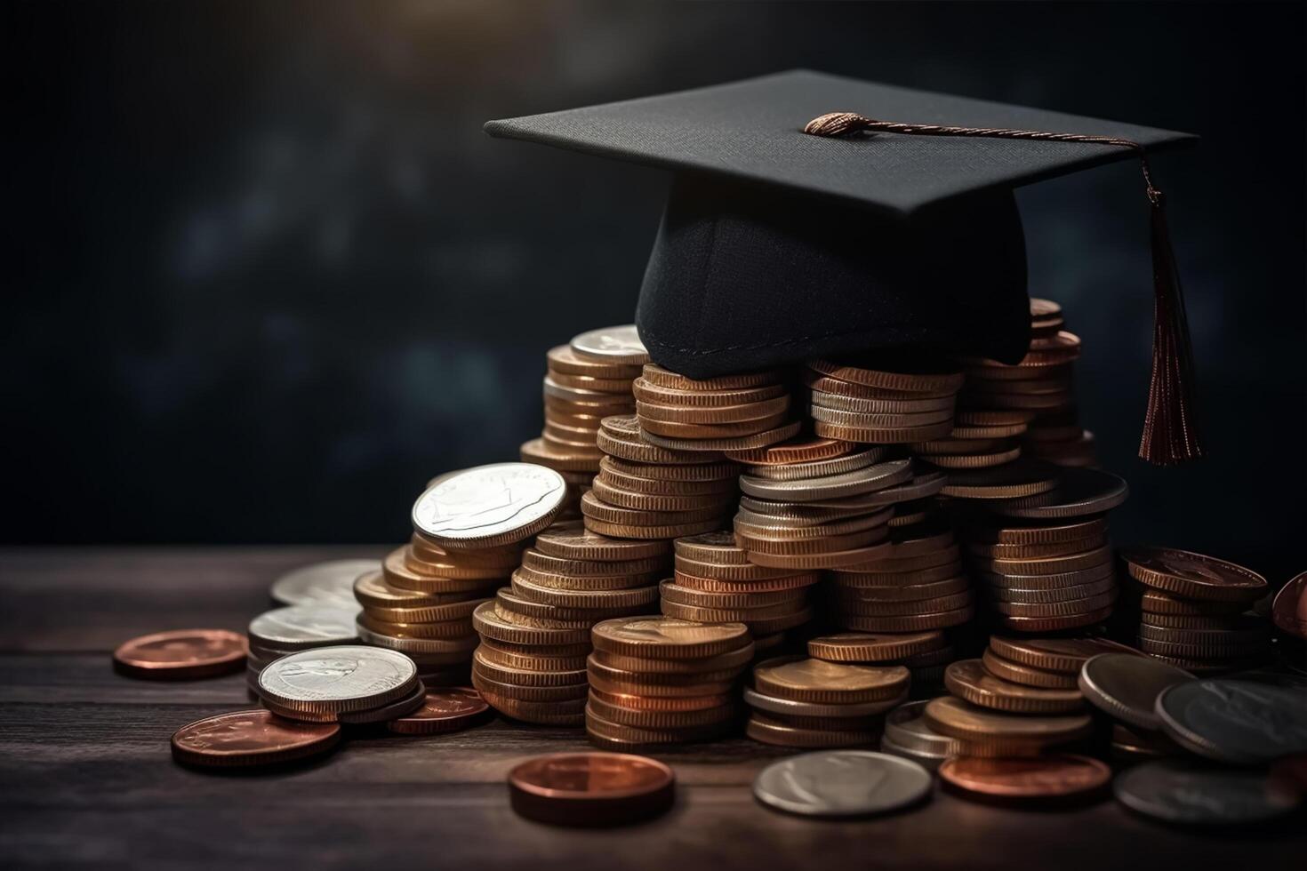 A graduation cap sits on a pile of coins. photo