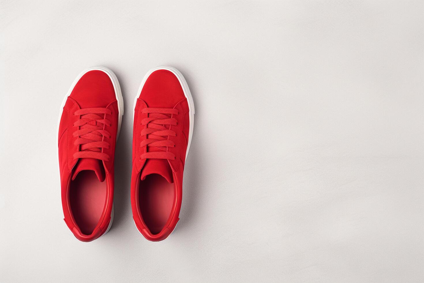 Pair of new stylish white sneakers on red background. International Red Sneakers Day. photo