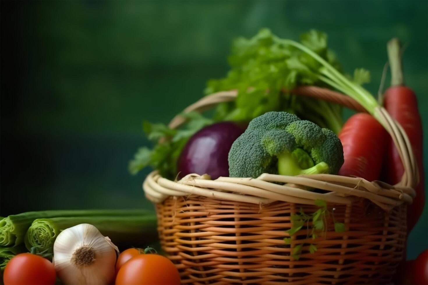 Fresh vegetables in basket textured background, natural theme, health care concept. photo