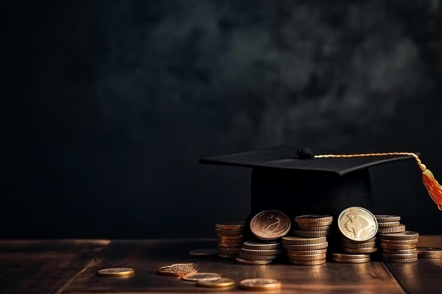 A green graduation cap sits on a table with stacks of gold coins on it. photo