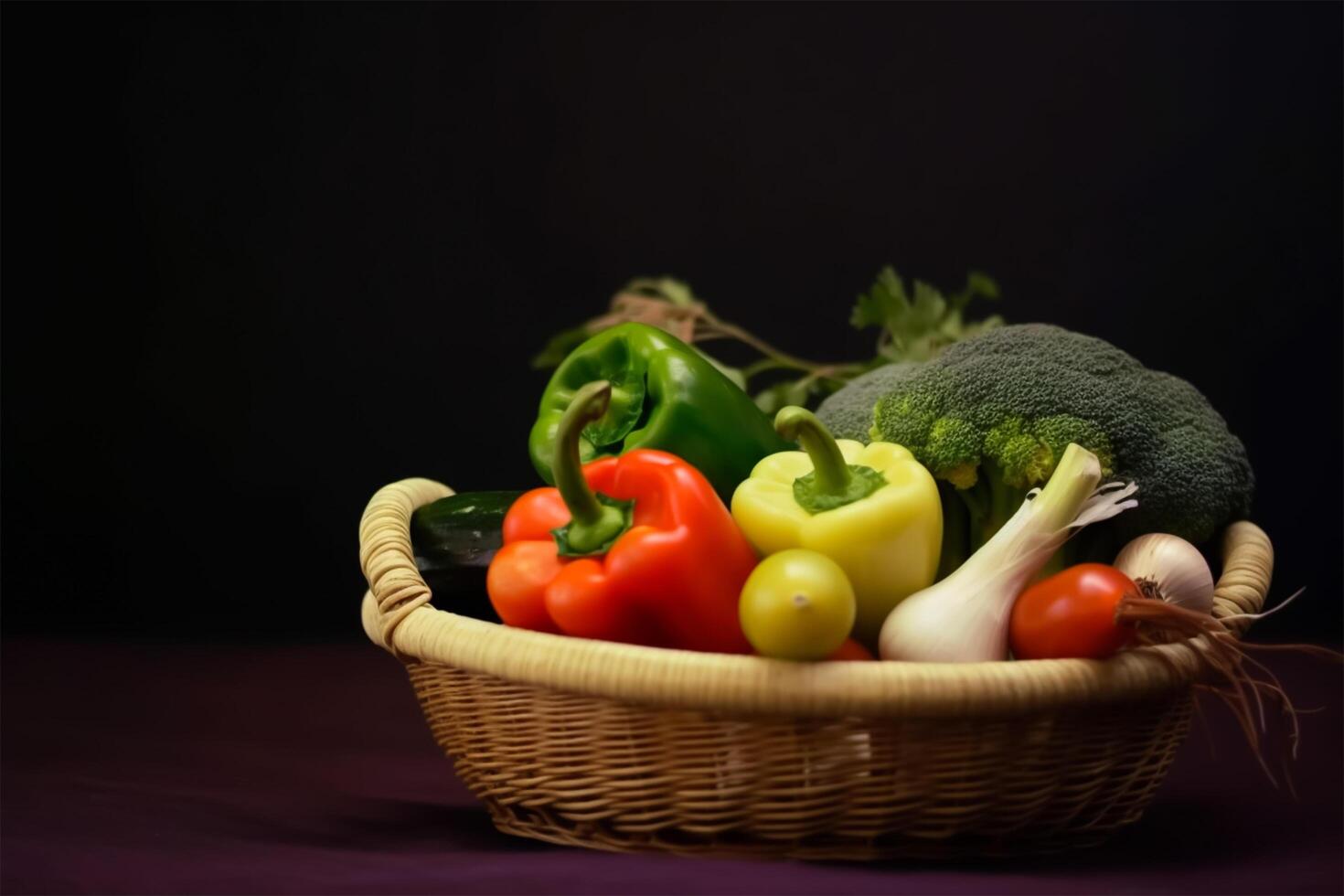 Fresh vegetables in basket textured background, natural theme, health care concept. photo