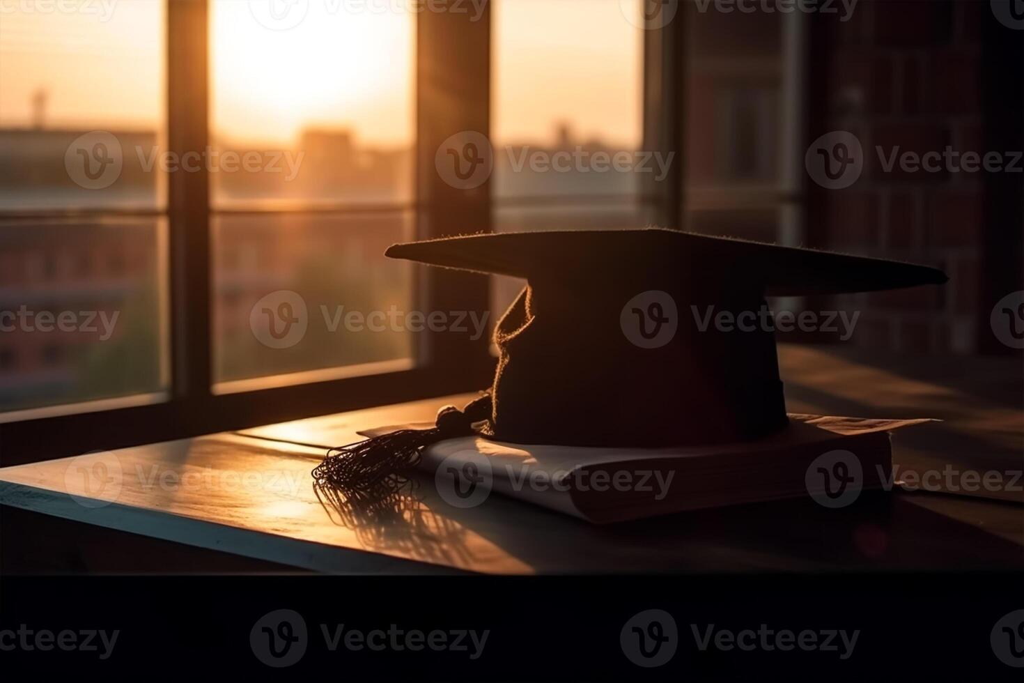 A graduation cap and a scroll on a piece of paper photo