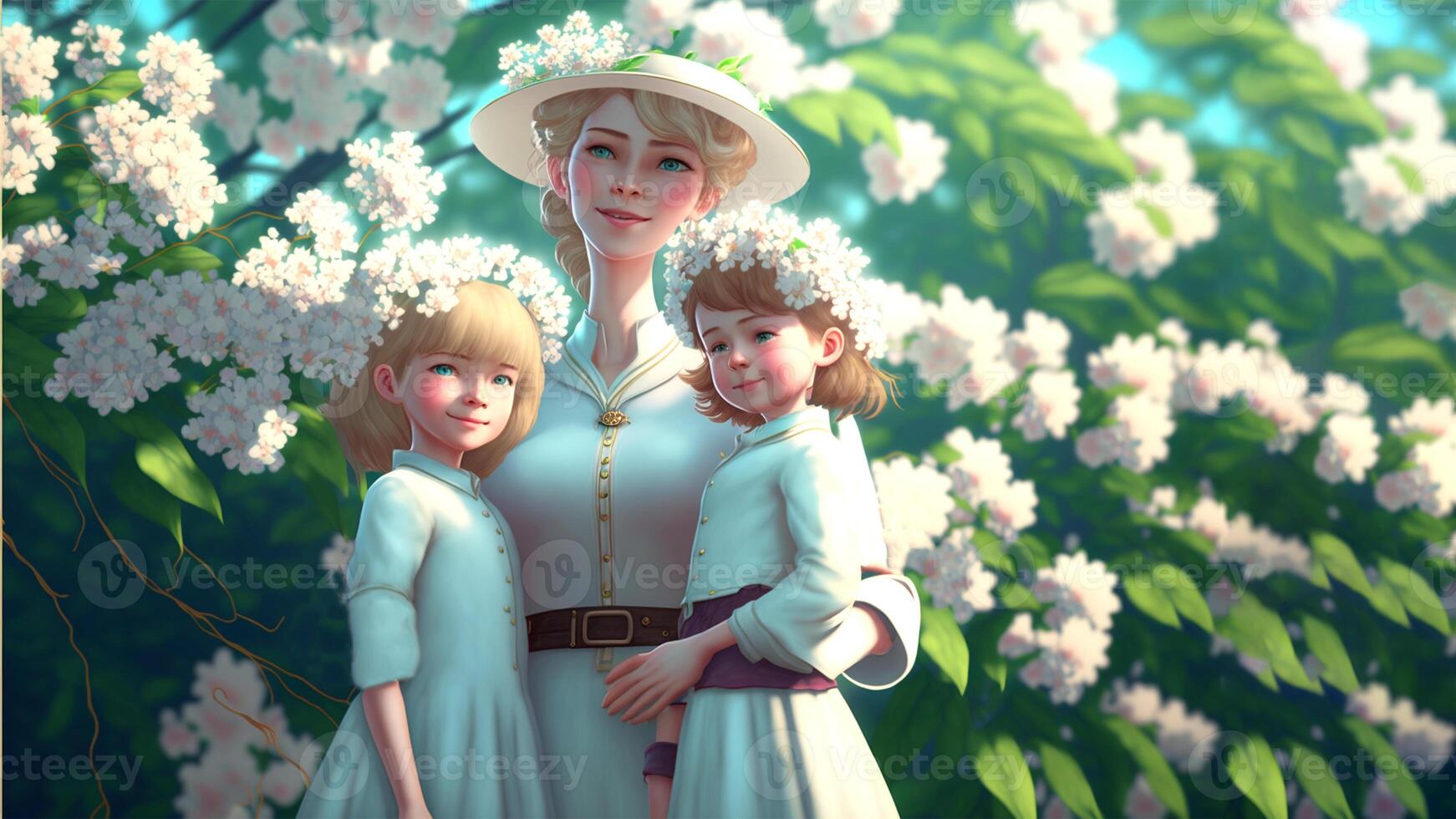 Mother and daughters, beautiful flowers background, Happy Mothers Day Concept . photo