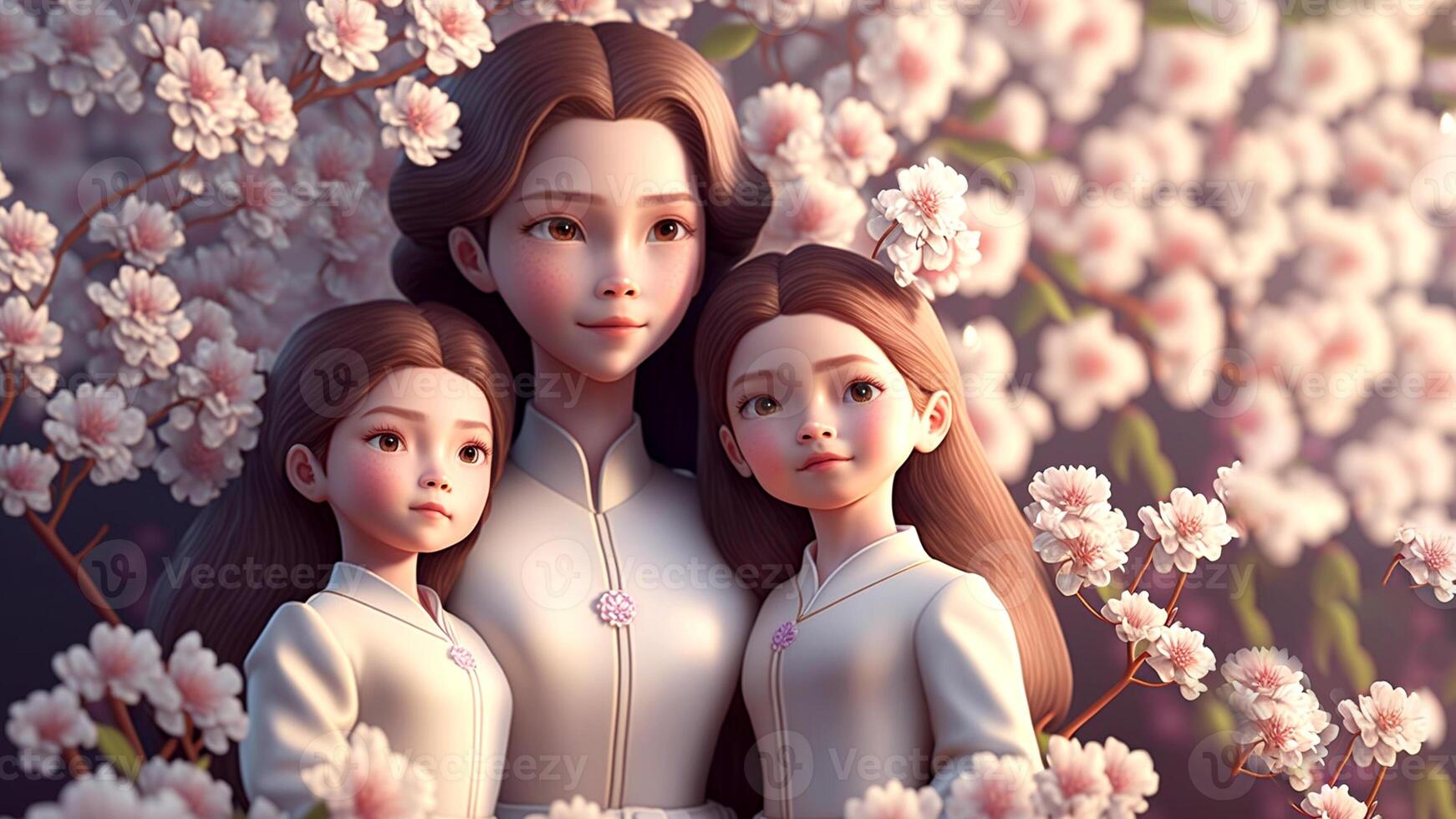 Mother and daughters, beautiful flowers background, Happy Mothers Day Concept . photo