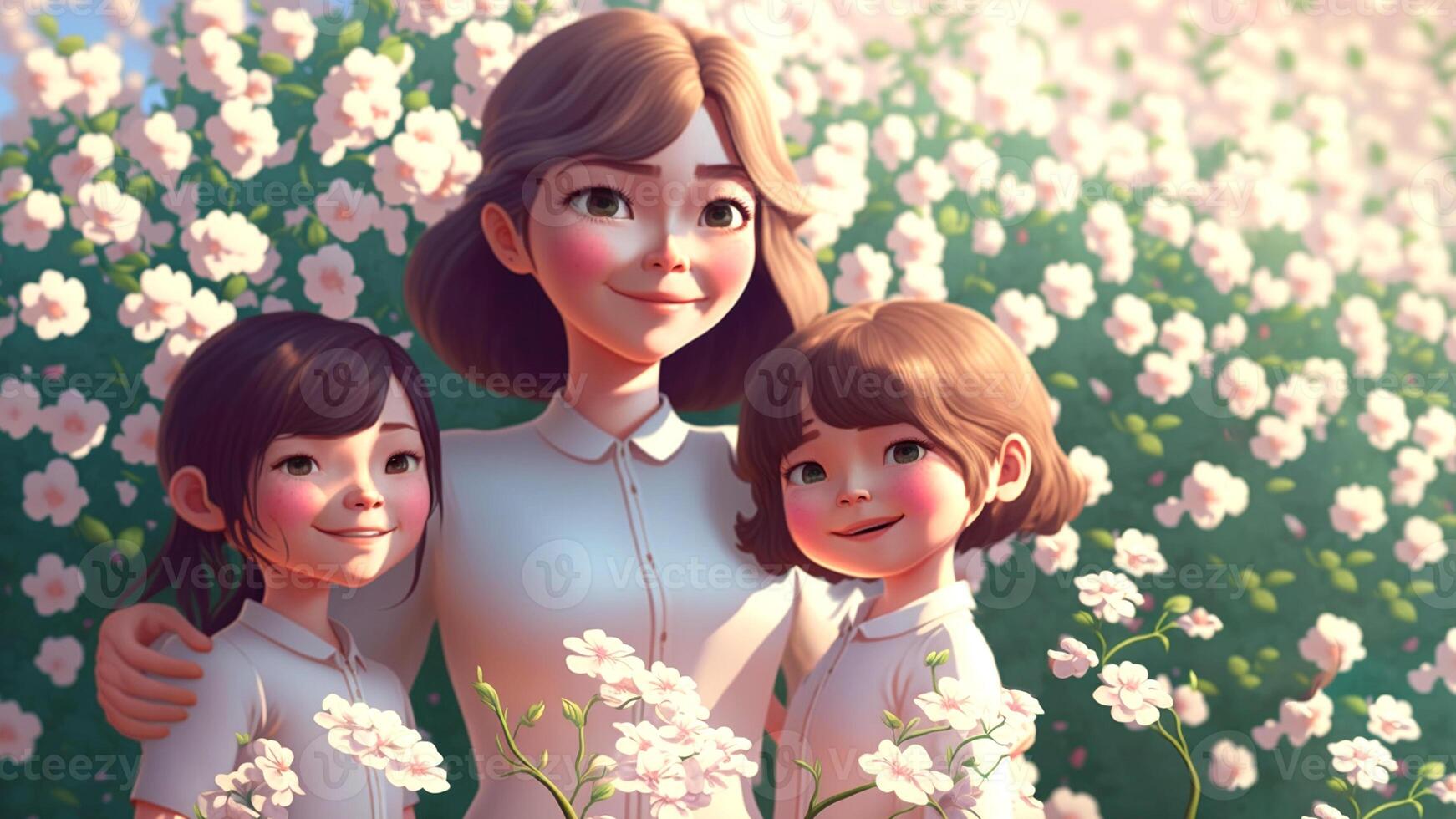 Mother and daughters, beautiful flowers background, Happy Mothers Day Concept . photo