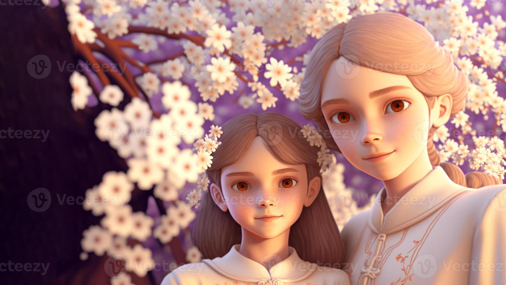 Mother and daughter, beautiful flowers background, Happy Mothers Day Concept . photo