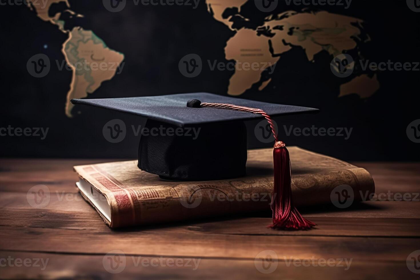 A black graduation cap sits on top of a book on a wooden table. photo
