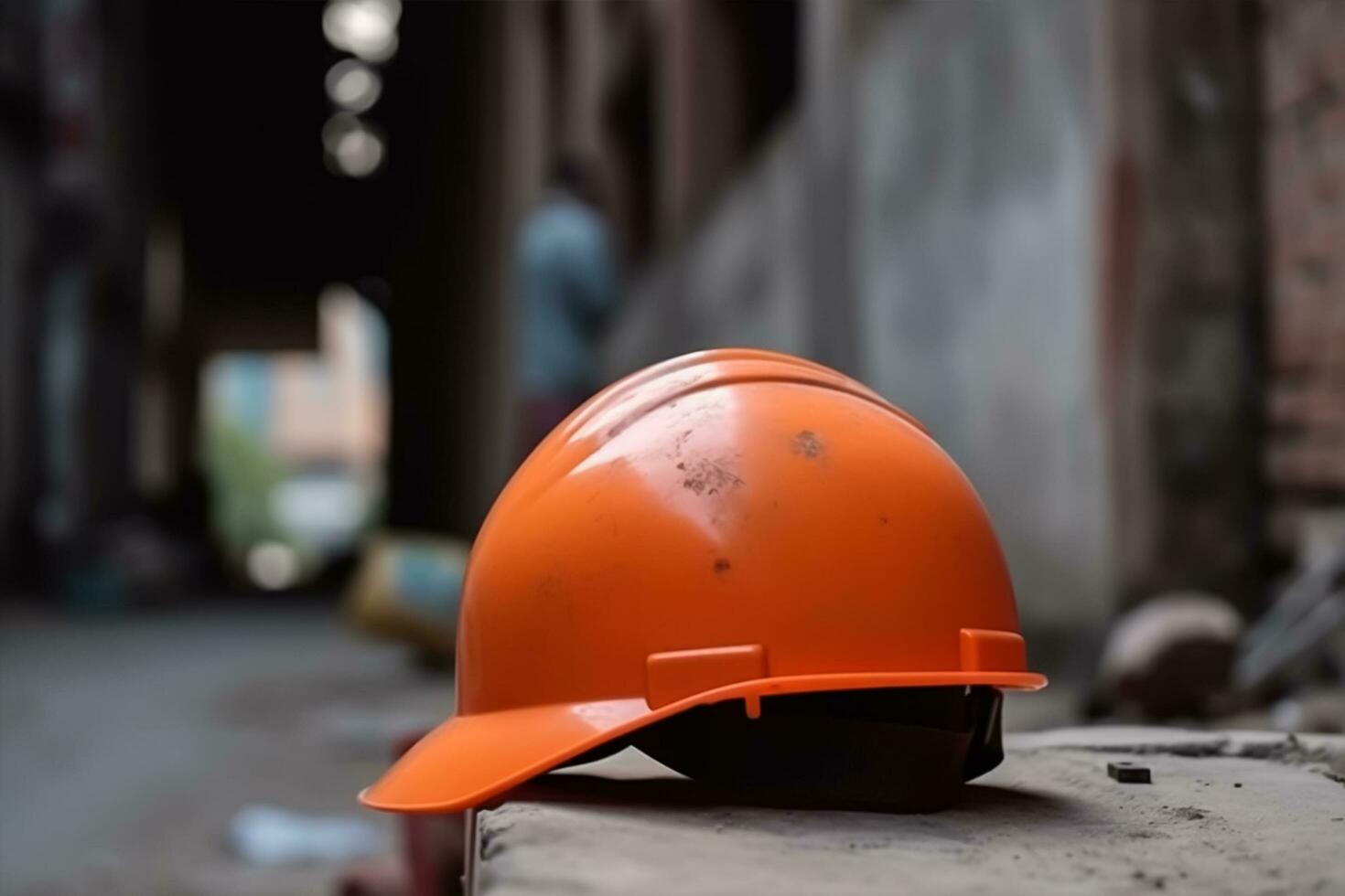 Labor day. Safety Construction Worker Hat isolated on blurred industry background photo