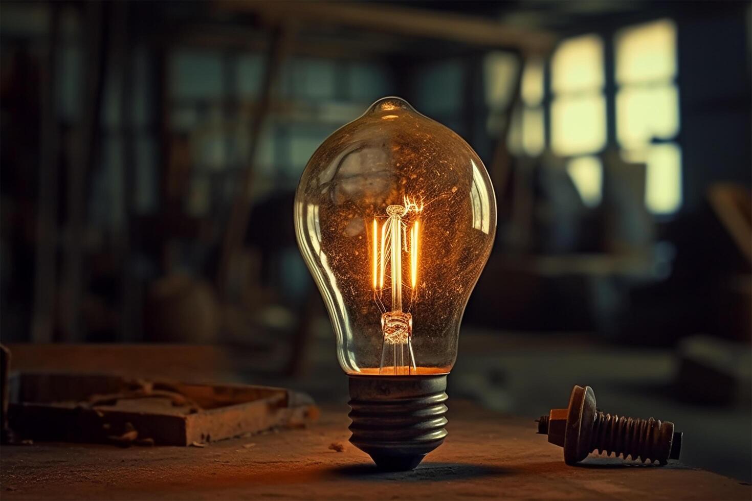 light bulb on wooden table. International Day of Light. photo