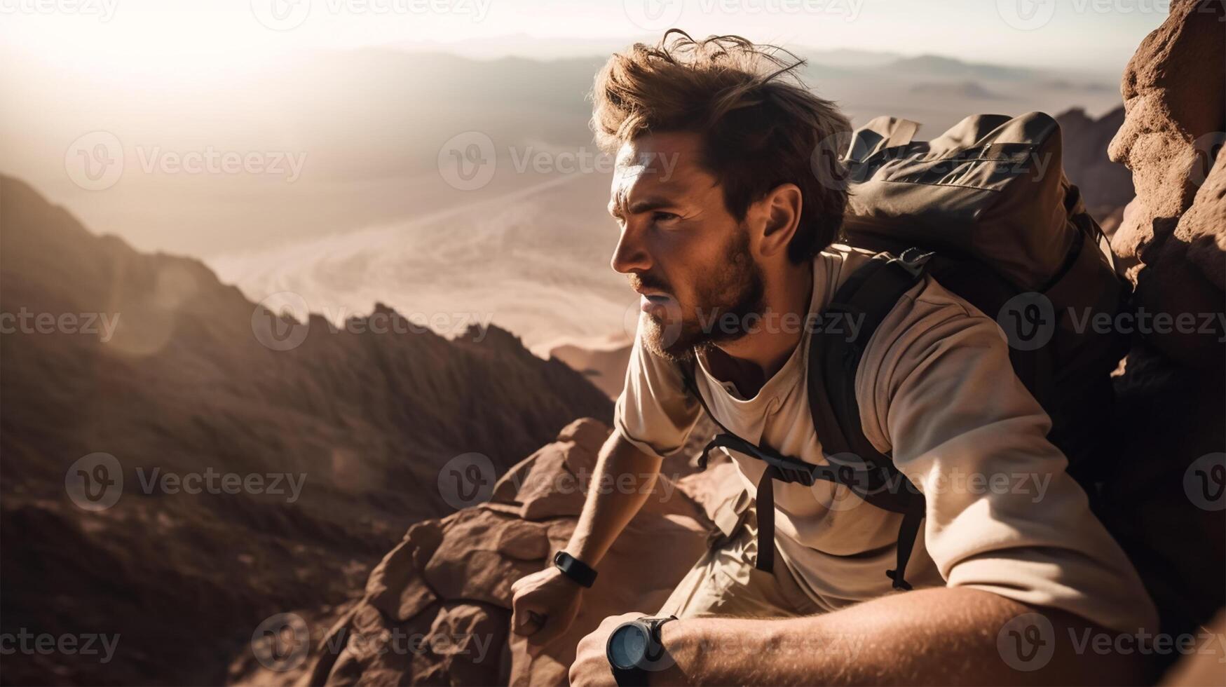 A man wearing a backpack is hiking on a mountain. photo