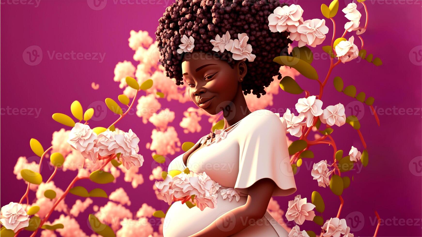An intimate realistic illustration showing a pregnant woman and surrounded by beautiful flowers, nature, offering an emotion of peace and connection. Generative AI photo