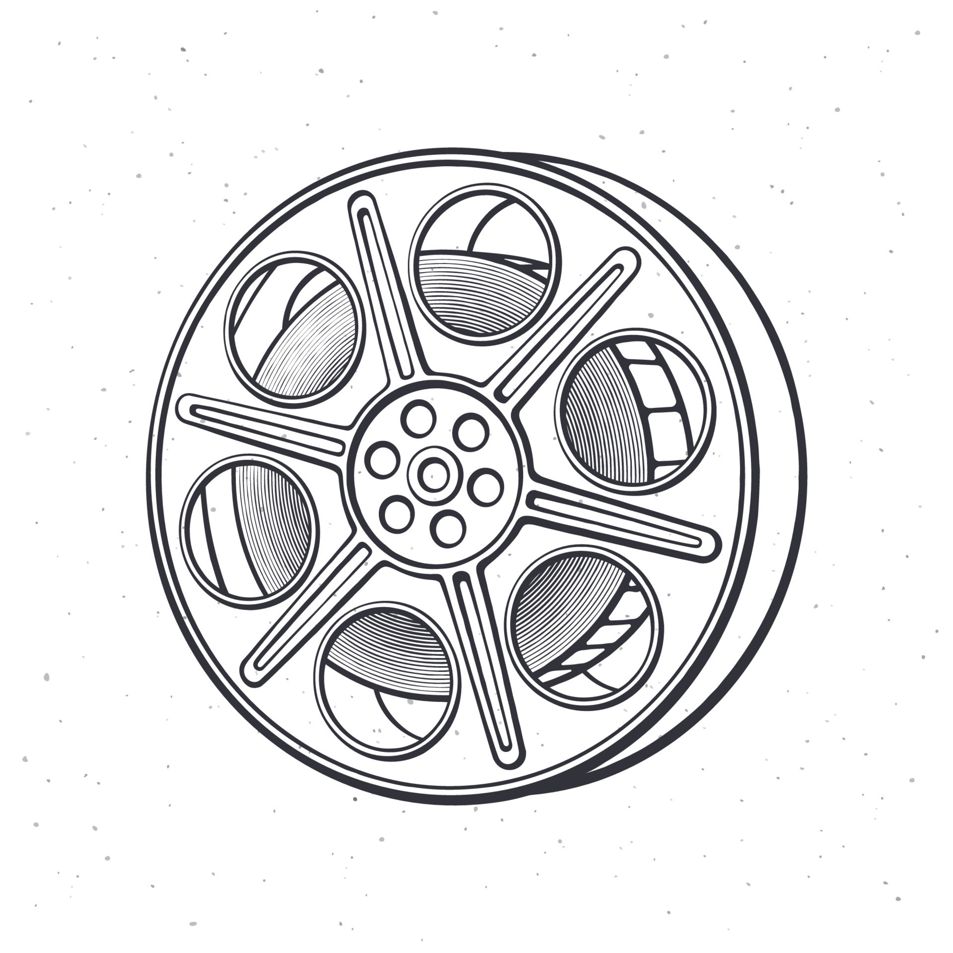 Outline of film stock. Vintage camera reel. Movie industry. Old cinema  strip. Retro storage of analog video information. Vector illustration. Hand  drawn black ink sketch, isolated on white background 24096444 Vector Art