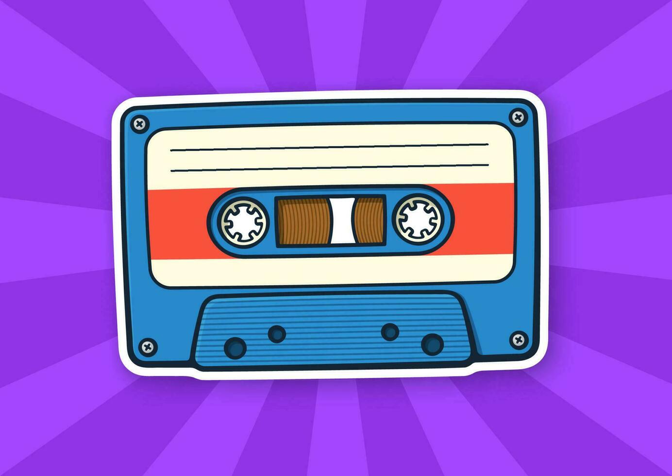 Retro audio cassette. Analog media for recording and listening to stereo music. Old-fashioned tape cassette. Sticker in cartoon style with contour vector