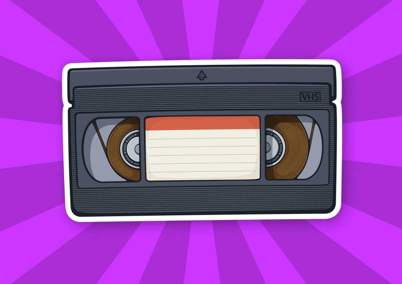 VHS cassette. Video tape record system. Retro storage of analog information. Sticker with contour vector
