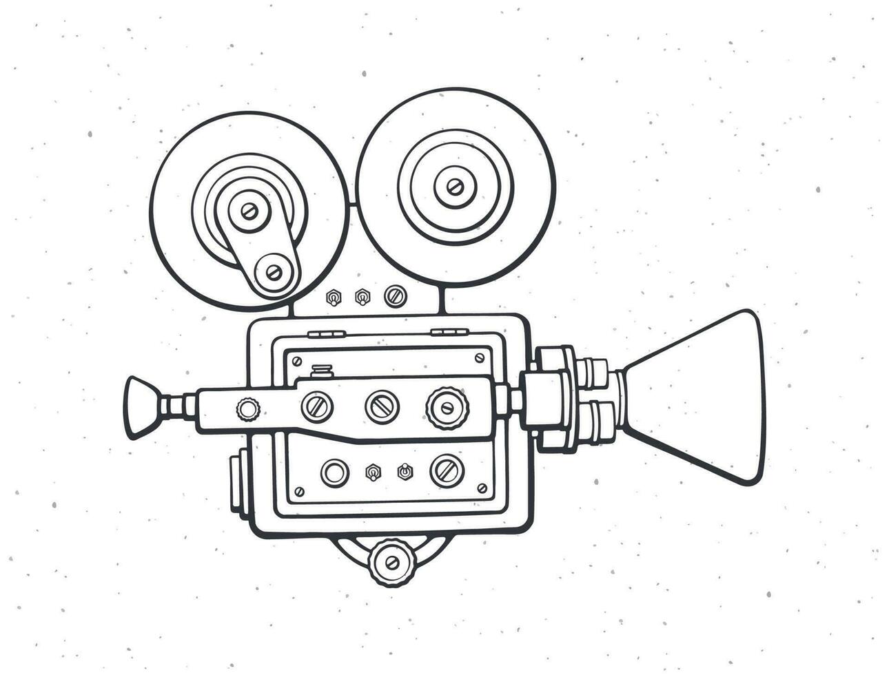 Outline retro cinema projector. Vintage film camera. Old fashioned movie camera. Symbol of the film industry. Vector illustration. Hand drawn black ink sketch, isolated on white background