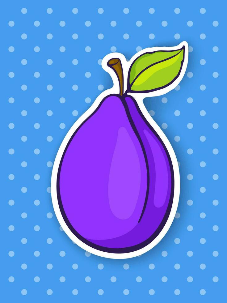 Vector illustration. Purple plum with stem and leaf. Sticker with contour. Healthy vegetarian food. Isolated on white background. Decoration for packaging, menus, signboards, showcases