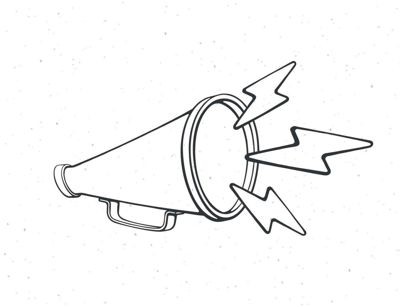Retro megaphone with lightnings symbol of noise. Outline. Hand loud speaker. Voice audio information and sale promotion. Vector illustration. Hand drawn sketch. Isolated white background