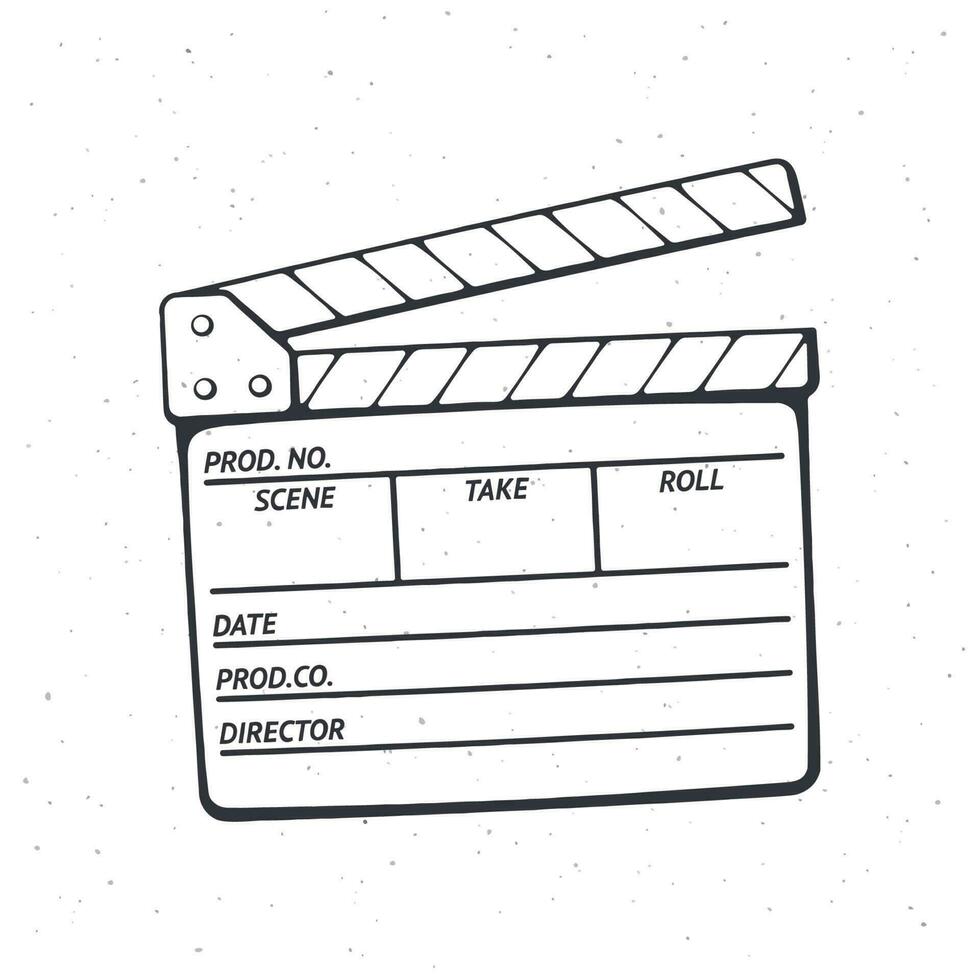 Outline of open clapperboard. Symbol of the movie industry, used in cinema when shooting a film. Vector illustration. Hand drawn black ink sketch, isolated on white background