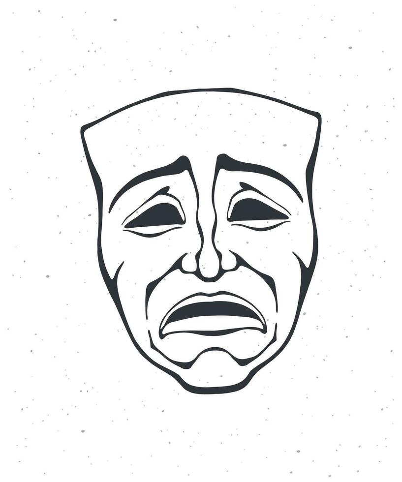 contorno de teatral drama mascarilla. Clásico ópera máscara para tragedia actor. cara expresa negativo emoción. película y teatro industria. vector ilustración. mano dibujado bosquejo, aislado en blanco antecedentes