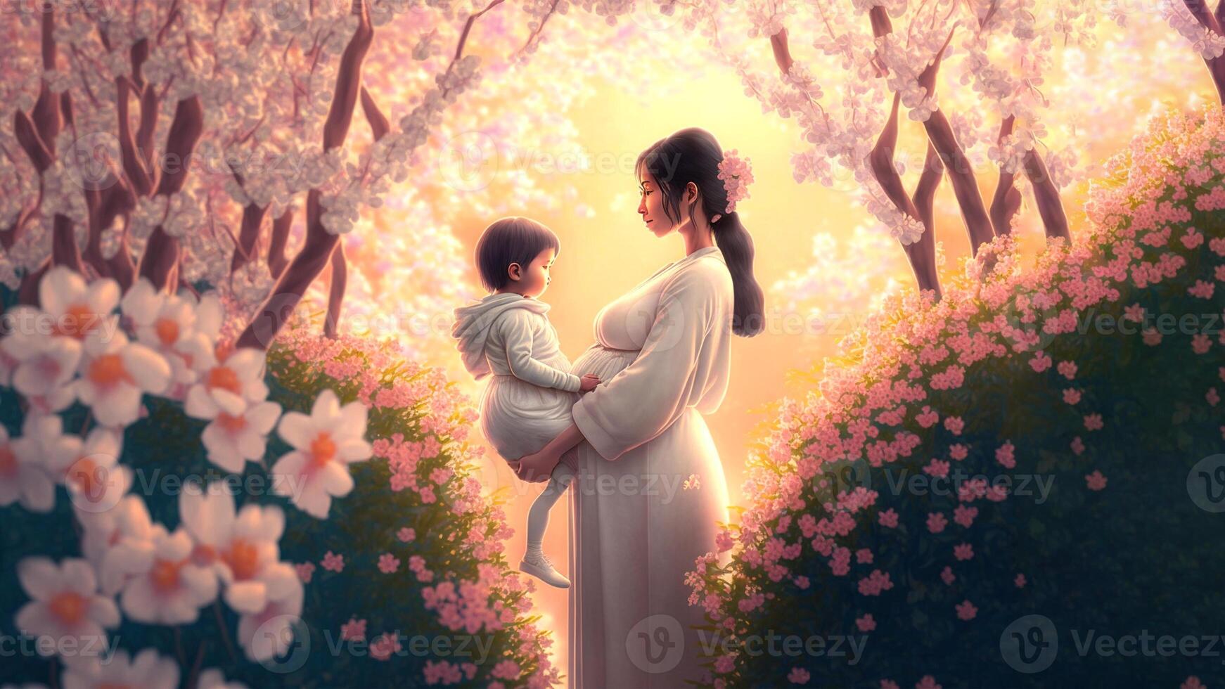 An intimate realistic illustration showing a pregnant woman and her infant kid, surrounded by beautiful flowers, nature, offering an emotion of peace and connection. photo