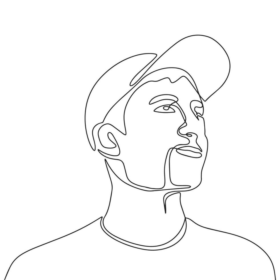 Portrait of man in cap. Continuous line one drawing. Vector illustration. Simple line illustration.