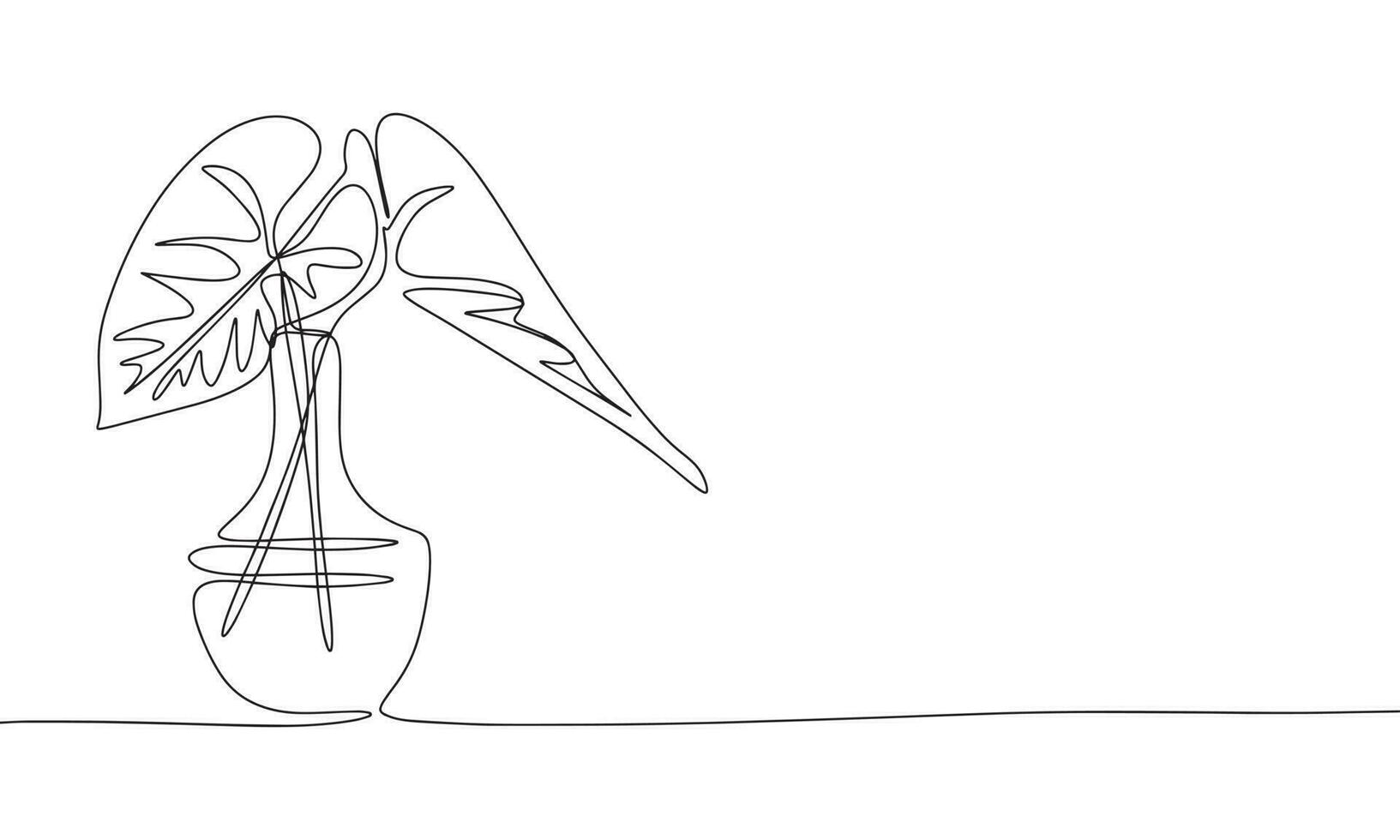 Leaves in vase with water. One line continuous nature. Line art, outline, single line silhouette. Hand drawn vector illustration.