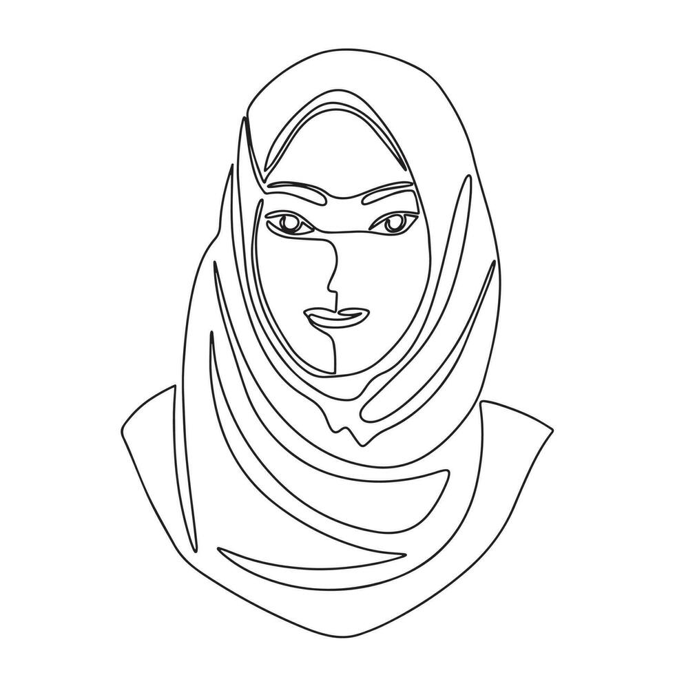 Arabic woman in hijab, continuous line drawing element isolated on white background for decorative element. Vector illustration of face of Arabic woman in trendy outline style.