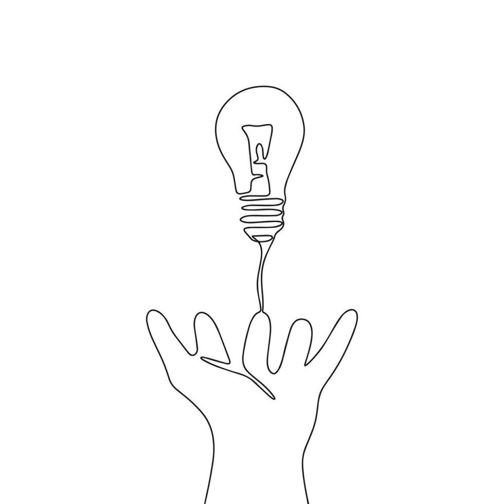 Idea concept, bulb lamp on hand. Continuous line one drawing. Vector illustration. Simple line illustration.