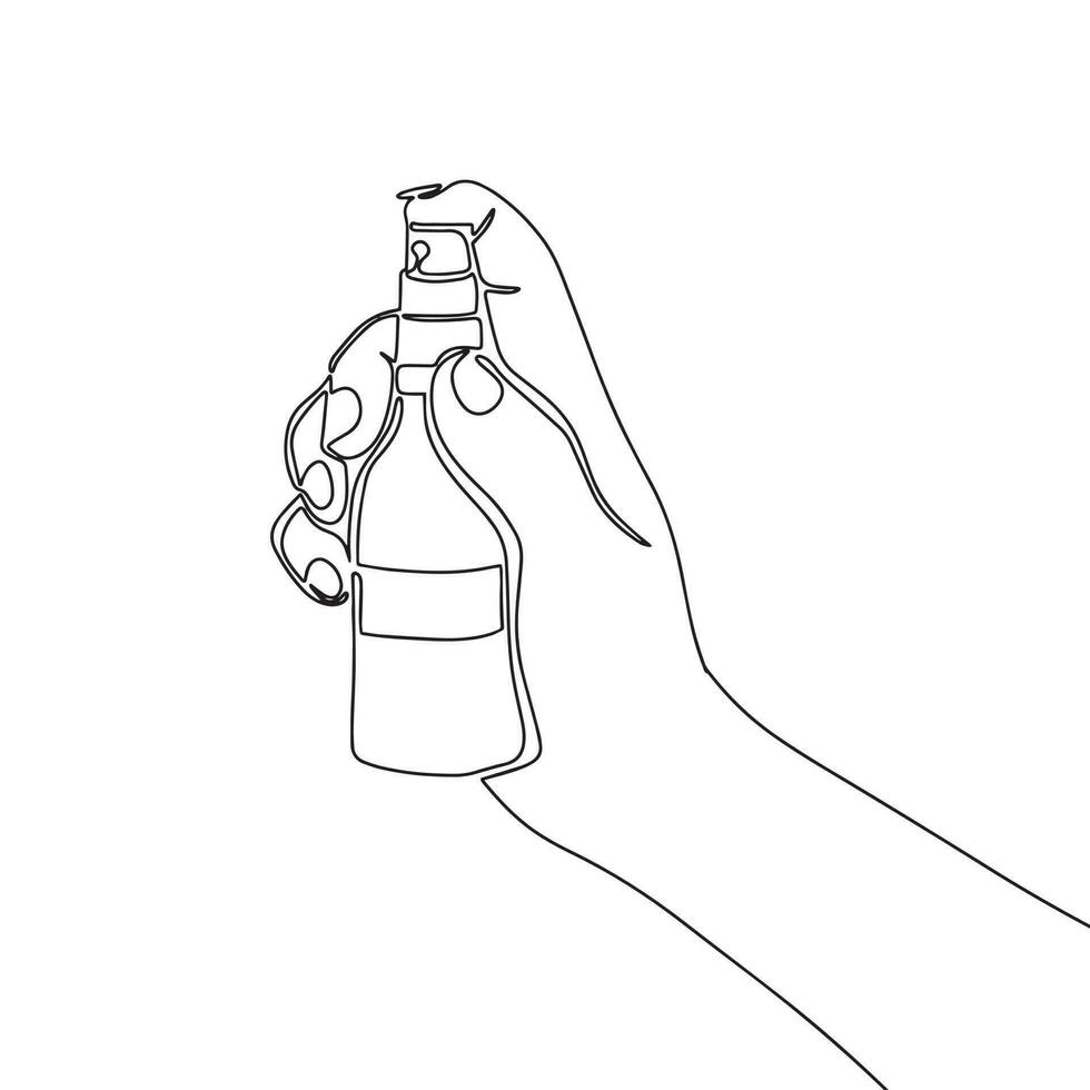 Spray bottle in hand. One line continuous cosmetic. Line art, outline, single line silhouette. Hand drawn vector illustration.