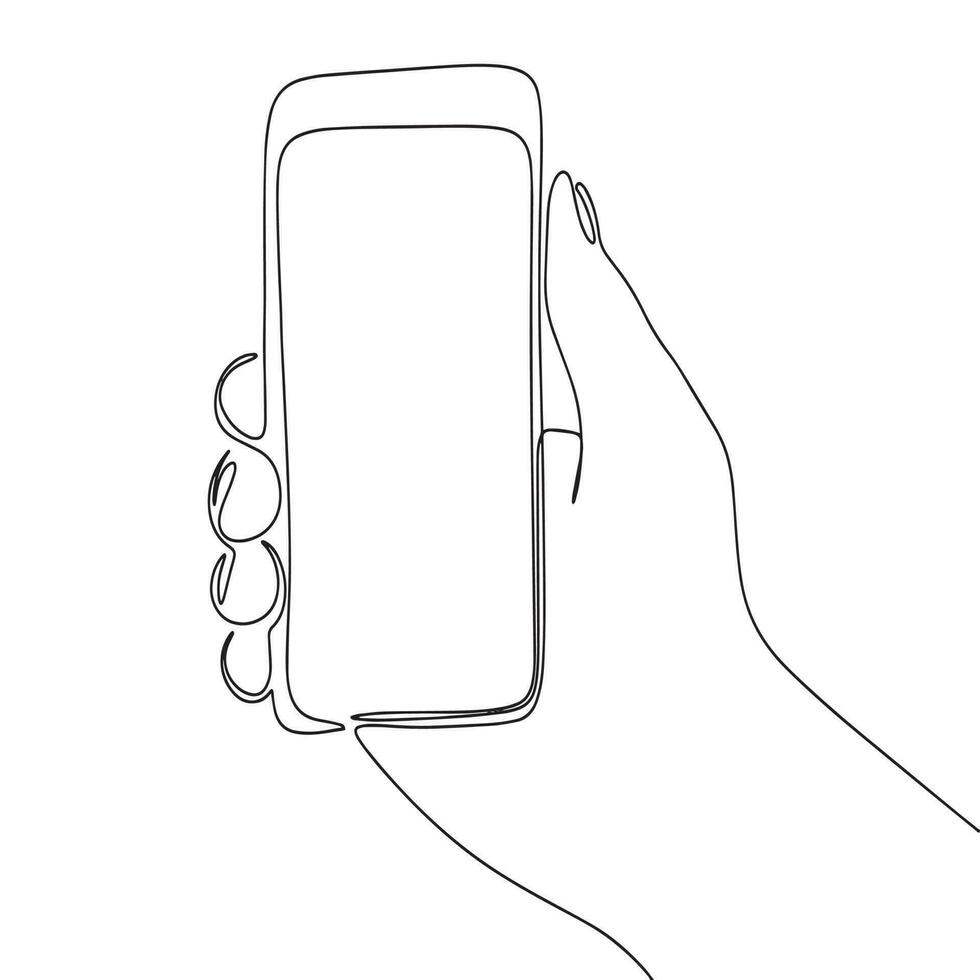 Phone in hand continuous line drawing element isolated on white background for decorative element. Vector illustration of human hand with phone in trendy outline style.