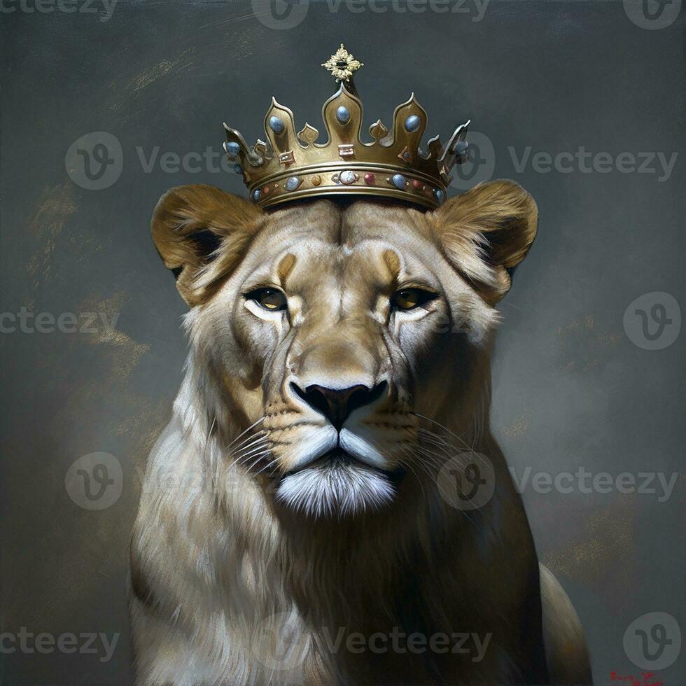 Lion wearing a royal crown art photo