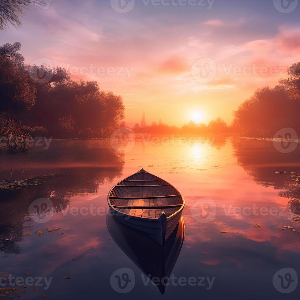 dreamy sunset with calm water and boat, beautiful scene on beach , peaceful , photo