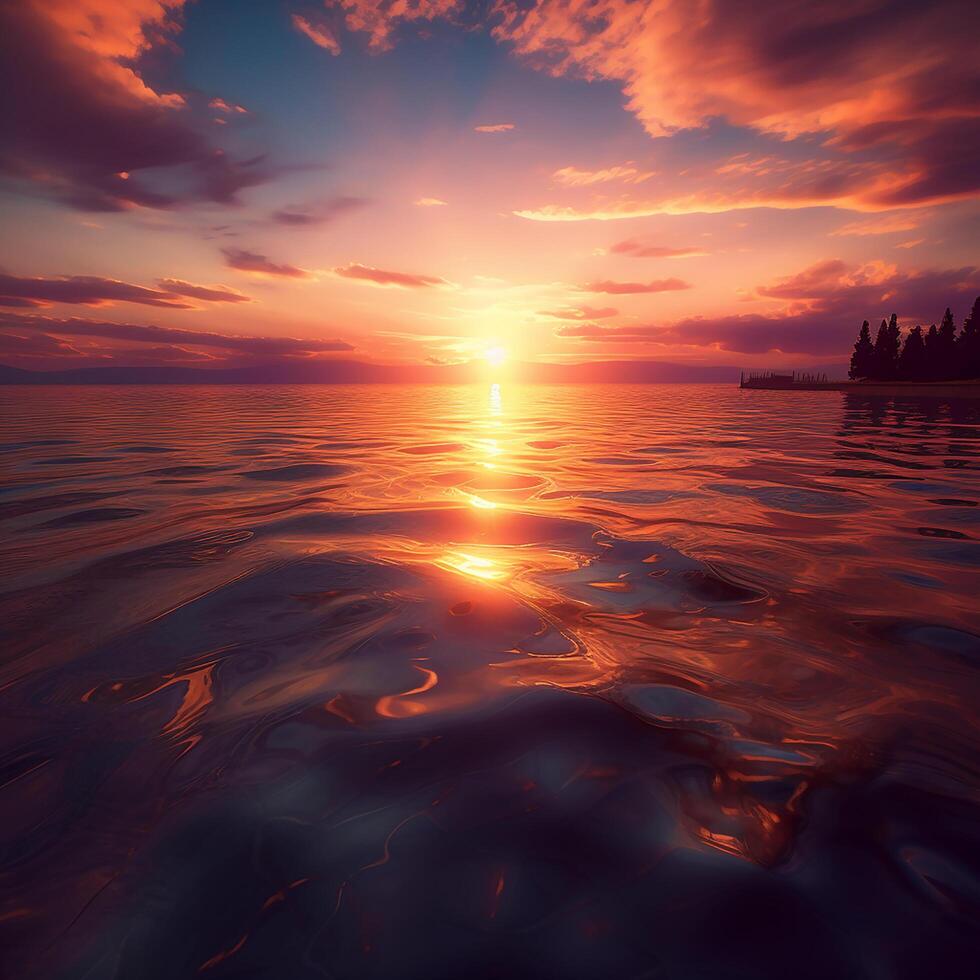 dreamy sunset scene with sun beams on calm water and sky full of clouds, photo